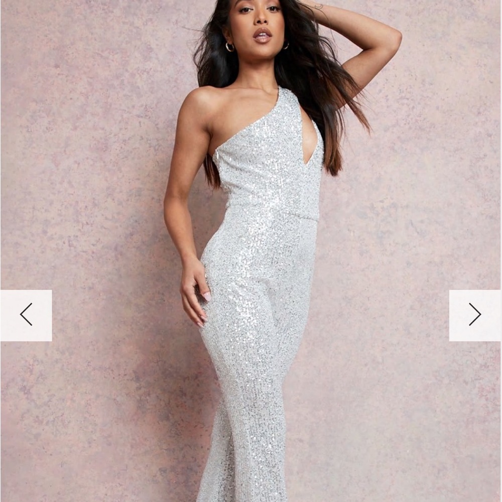 PETITE SEQUIN CUT OUT DETAIL FLARE JUMPSUIT-BOOHOO worn once